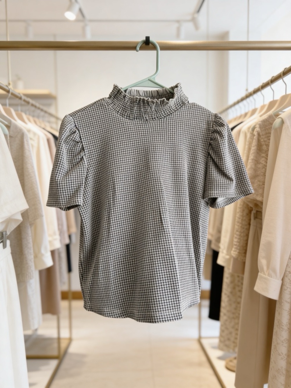 Zara Gray Houndstooth Ruffle Mock Neck Top